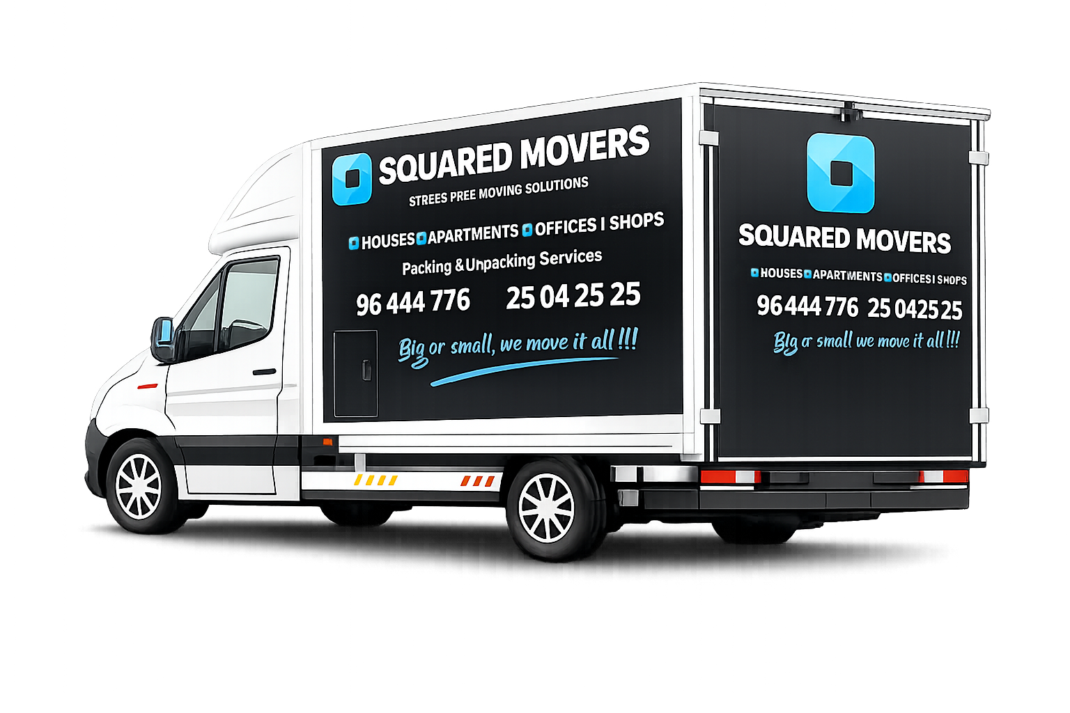 Rear-angle view of the Squared Movers branded truck