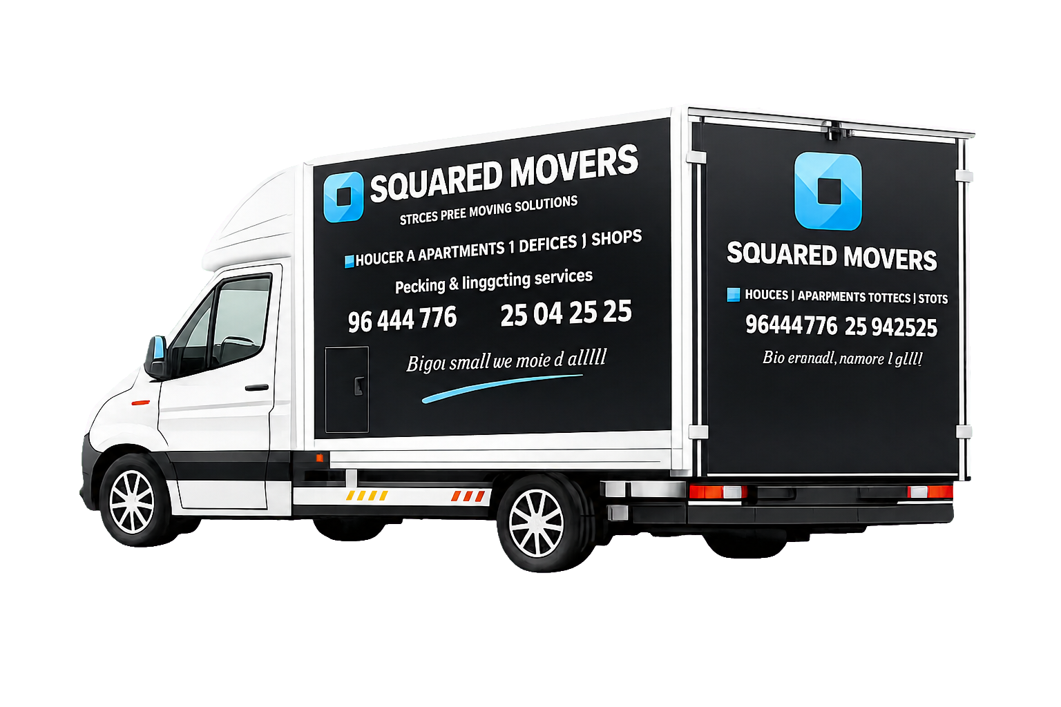 Rear-angle view of the Squared Movers branded truck